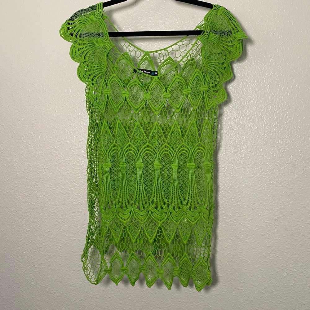 Y2K Green Crochet Top Medium Festival Fairycore Bohemian Boho Hippie Layering